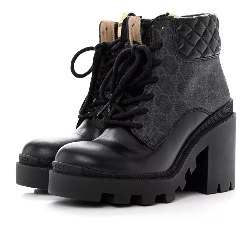 Women's Gucci GG Supreme Leather Combat Boots Size 7- BLACK